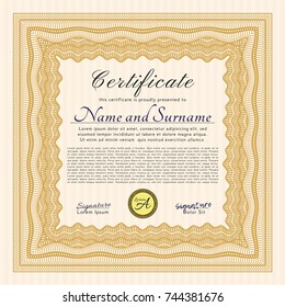 Orange Diploma template. Perfect design. With guilloche pattern. Vector illustration. 