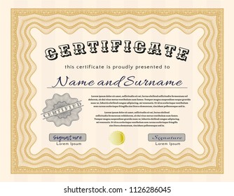 Orange Diploma template. Retro design. With guilloche pattern. Detailed. 