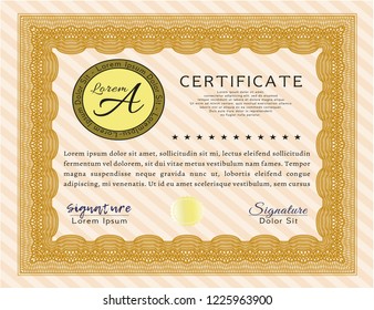 Orange Diploma template. Vector illustration. With linear background. Nice design. 