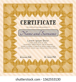 Orange Diploma template. Vector illustration. With linear background. Elegant design. 