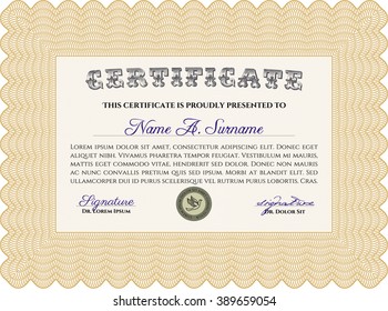 Orange Diploma template. Vector illustration. With complex background. Excellent design. 