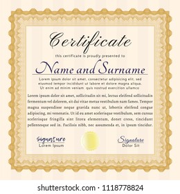 Orange Diploma. Vector illustration. With complex linear background. Money design. 