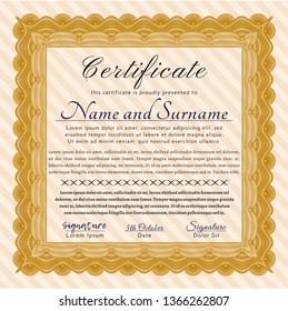 Orange Diploma. Vector illustration. With complex linear background. Money design. 