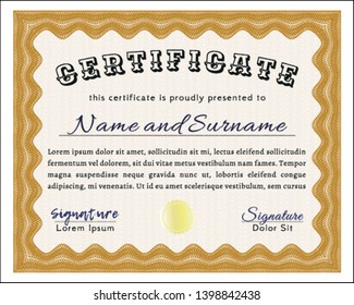 Orange Diploma. Vector illustration. With guilloche pattern and background. Beauty design. 