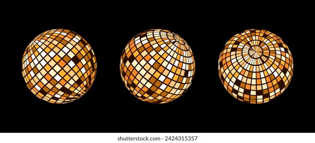 Orange disco ball set. Collection of wireframe spheres in different angles. Grid globe or checkered ball bundle. Gold mirrorball element pack for poster, banner, music cover, party. Vector