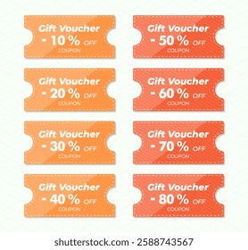 Orange discount coupon icons. 10% 20% 30% 40% 50% 60% discount coupon. Gift Voucher design with QR code. All layered and grouped. Vector.