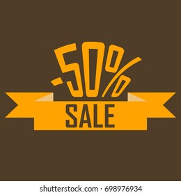 Orange discount tape with an inscription discount on a dark brown background where it is written fifty percent. Offer, sale