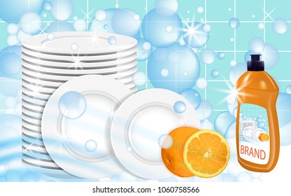 Orange Dishwashing Liquid Products With Plates Stack. Bottle Label Design. Dish Wash Advertisement Poster Layout. Vector Illustration.