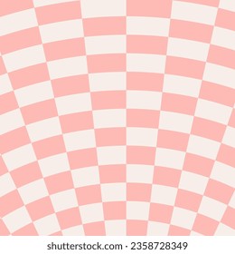 Orange distorted checkerboard background. Retro psychedelic checkered wallpaper. Wavy groovy chessboard surface. Trippy twisted geometric pattern. Abstract vector backdrop