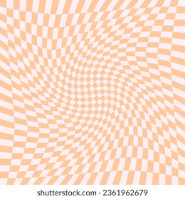Orange distorted checkerboard background. Retro psychedelic checkered wallpaper. Wavy groovy chessboard surface. Trippy twisted geometric pattern. Abstract vector backdrop