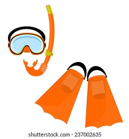 Orange diving mask, diving tube, swimming equipment, flippers