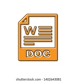 Orange DOC file document icon. Download doc button icon isolated on white background. DOC file extension symbol. Vector Illustration