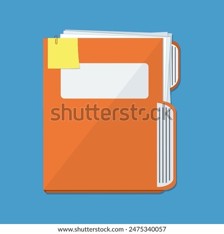 Orange documents folder with paper sheets and sticky notes. Vector illustration in flat style