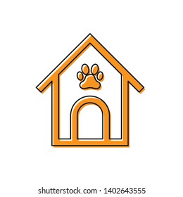 Orange Dog house and paw print pet icon isolated on white background. Dog kennel. Vector Illustration
