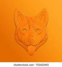 Orange Dog Mask in Paper Cut Style Illustration. Vector Symbol of Chinese New Year of 2018. Decorative Animal Head with Tongue.
