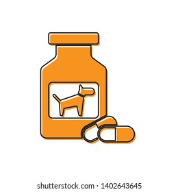 Orange Dog medicine bottle and pills icon isolated on white background. Container with pills. Prescription medicine for animal. Vector Illustration