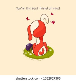 Orange dog on the grass. Vector  flat  cartoon postcard.