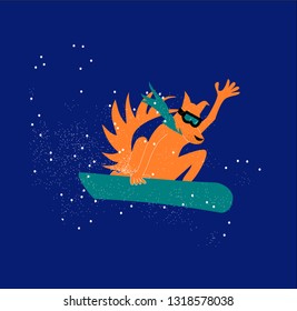 Orange dog on snowboard, vector illustration