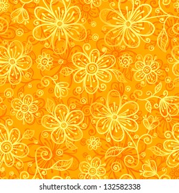 Orange doodle flowers ornate seamless pattern