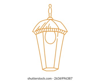 Orange doodle line illustration of a vintage lantern with warm glowing light. Vector hand drawn icon perfect for cozy fairytale designs, magical decorations, or festive creative projects.