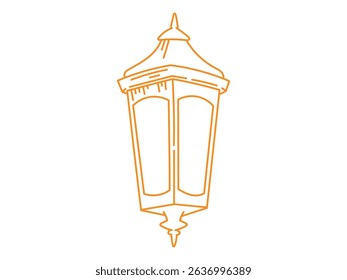 Orange doodle line illustration of a vintage lantern with warm glowing light. Vector hand drawn icon perfect for cozy fairytale designs, magical decorations, or festive creative projects.
