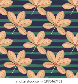 Orange doodle scheffler flowers silhouettes seamless pattern. Green and navy blue striped background. Perfect for fabric design, textile print, wrapping, cover. Vector illustration.