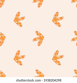 Orange doodle simple leaves hand drawn seamless pattern. Pastel background. Hand drawn style. Botanic artwork. Perfect for fabric design, textile print, wrapping, cover. Vector illustration.