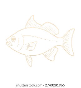 Orange dotted fish silhouette with internal gear and battery symbols dots