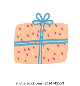 Orange dotted gift box vector illustration. Hand drawn pastel rectangular present with ribbon and bow. Cute celebration clipart for festive design.