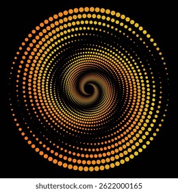 Oranje gestippelde spiraalvortex op zwarte achtergrond, Abstracte geometrische vorm, Swirl patroon stippen vector illustratie