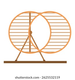 Roda de hamster duplo laranja em pé em uma plataforma de madeira