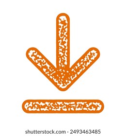 Flecha naranja hacia abajo con un borde con textura y una línea base. Ilustración vectorial adecuada para fines de Descarga, dirección o navegación.