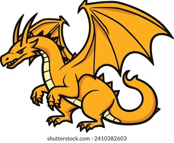 Orange dragon cartoon character with wings and tail. Fantasy creature design. Mythical animal, fire dragon drawing vector illustration.