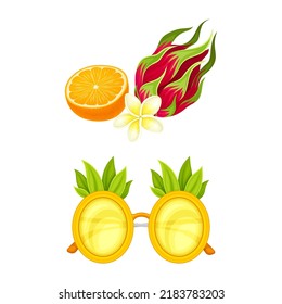 Orangen-, Drachenfrucht- und Ananas-Brille. Zeichentrickfilm mit hawaiianischen Symbolen, Vektorgrafik