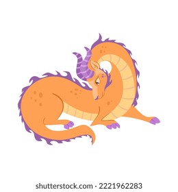 Orange dragon with horns lying cartoon illustration. Cute magical creature on white background. Fantasy, reptile concept