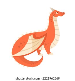 Orange dragon sitting and looking away cartoon illustration. Cute magical creature on white background. Fantasy, reptile concept