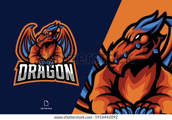 翼のマスコットロゴイラストを持つオレンジのドラゴン のベクター画像素材 ロイヤリティフリー