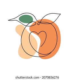 Orange drawing one line with heart and color spots. Modern abstract illustration for prnt or web design.