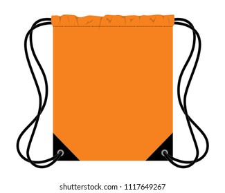 Orange Drawstring Bag With Black Rope Design On White Background, Flat Lay, Vector File.