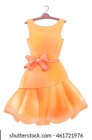  Orange  dress with bow.  Outfit for party. Festive women's attire Fashion cocktail dress on the hanger.  Female clothing. Summer clothing. Dress to celebrate Christmas and New Year. Cocktail dress.