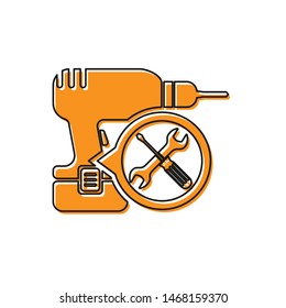 Orange Drill machine with screwdriver and wrench icon isolated on white background. Adjusting, service, setting, maintenance, repair, fixing.  Vector Illustration