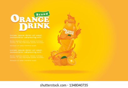 Orange Drink bottled juice with fresh fruits and splashing liquid in 3d illustration  