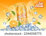 Orange drink can, juice splash and ice cubes, realistic vector background for lemonade. Orange drink or fruit soda beverage product ad template with juice can in spill wave and leaves flow explosion