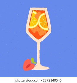 Orangengetränk mit Zitrusfrüchten in Glas. Orangefarbene alkoholhaltige weiche Flüssigkeit mit Erdbeeren. Vektorflache Illustration mit Textur. Cocktail auf Glas