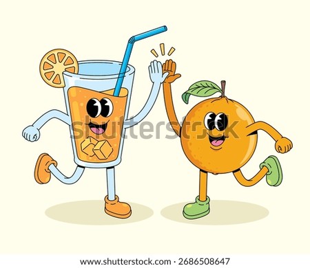 orange and drink high five groovy cartoon illustration