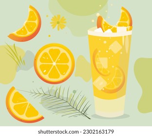 Orange drink on abstract background with pine branch and citrus slices. Vector illustration isolated on a light green background.