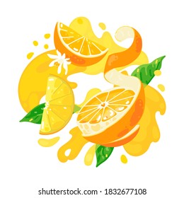 Orange drink and slices of oranges on abstract background. Juice splash. Vector illustration