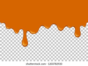 Orange dripping slime seamless pattern. Honey background with copy space. Kids sensory toy vector illustration. Realistic sweet cream isolated element. Flowing caramel sauce. Paint drops and blots.