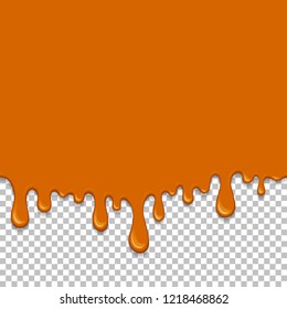 Orange dripping slime seamless pattern. Honey background with copy space. Kids sensory toy vector illustration. Realistic sweet cream isolated element. Flowing caramel sauce. Paint drops and blots.