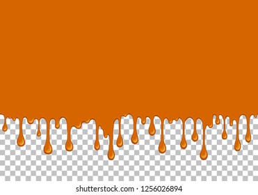 Orange dripping slime seamless pattern. Honey background with copy space. Kids sensory toy vector illustration. Realistic sweet cream isolated element. Flowing caramel sauce. Paint drops and blots.